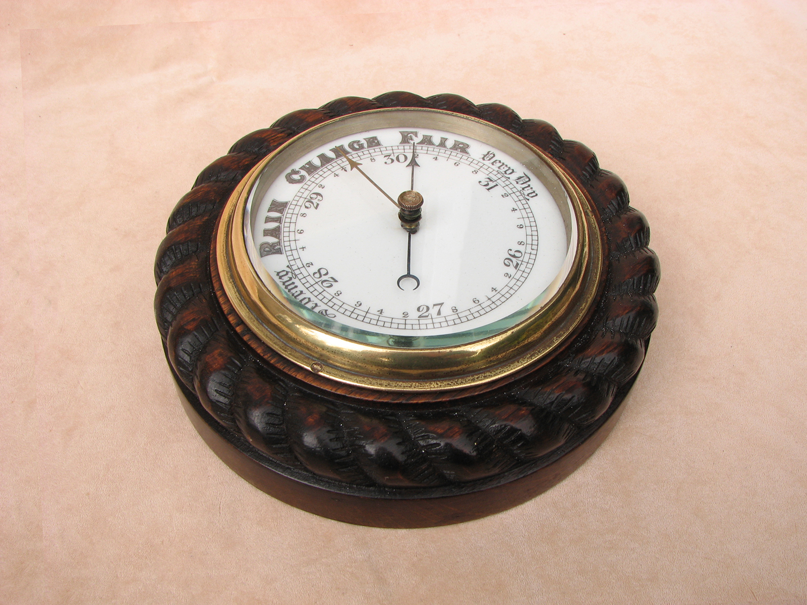 Victorian dark oak cased rope twist aneroid barometer